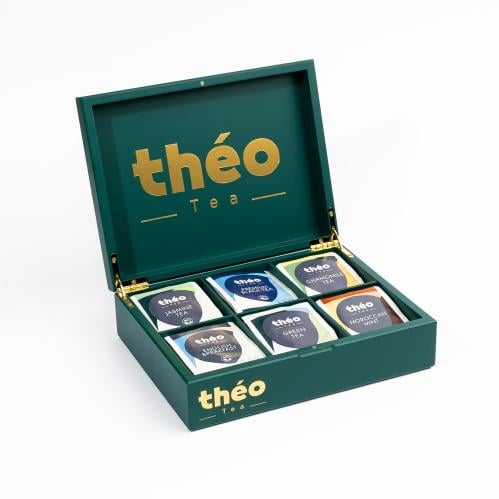 ثيو صندوق شاي خشبي - لون أخضر 6 - 60 كيس شاي متنوع