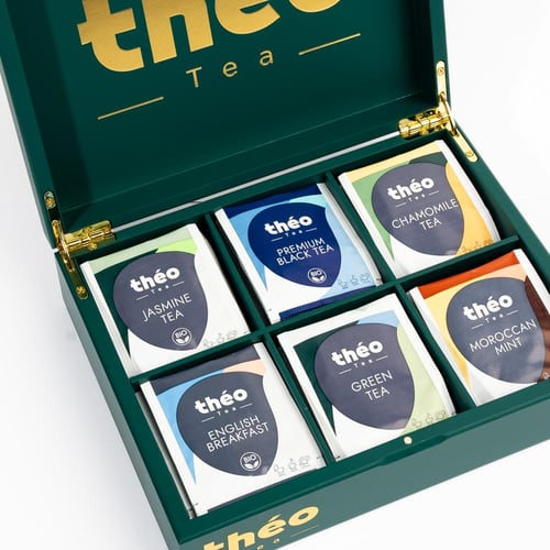 ثيو صندوق شاي خشبي - لون أخضر 6 - 60 كيس شاي متنوع