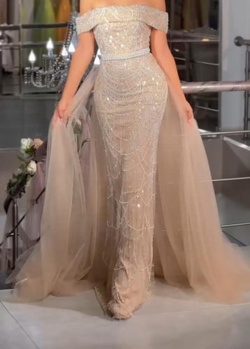 فستان سهره تل المزين بالتطريز خرز ولول بكل دقه