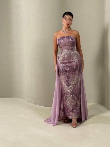 فستان سهره تل مطرز بخرز وترتر ذيل شيفون جورجيت