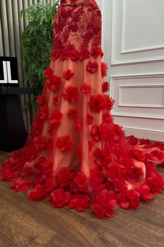 فستان سهره تفته وتل المزين بالكلفه الورود ورود قصا...