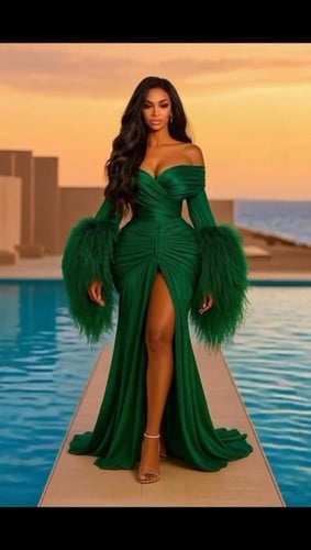 فستان سهره تفته المزين بالكسرات والريش