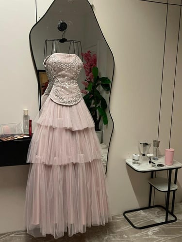 فستان سهره فخم تل المزين بالتطريز خرز مزين بالطبقا...