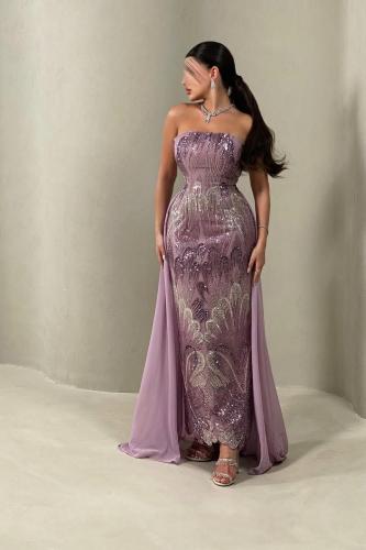 فستان سهره تل مطرز بخرز وترتر ذيل شيفون جورجيت