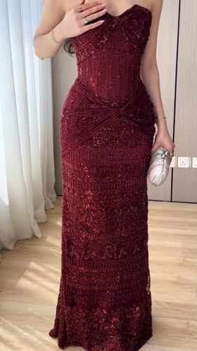 فستان سهره تل المزين بالتطريز خرز ودانتيل شال شيفو...