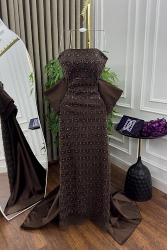 فستان سهره تل المزين بالتطريز خرز ذيل تفته