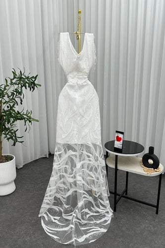 فستان سهره سكري تل المزين بالتطريز كمبيوتر