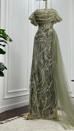 فستان سهره فخم الخامه تل كوري مطرز بخرز