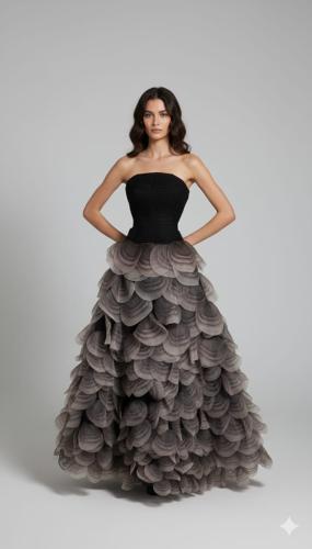 فستان سهره صدر تفته وتل دبل كلوش مزين بالطبقات بشك...