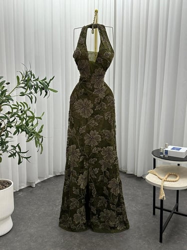 فستان سهره فخم دانتيل مورد المزين بالتطريز