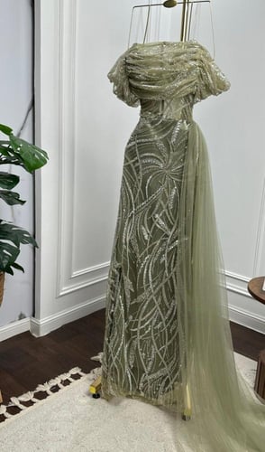 فستان سهره فخم الخامه تل كوري مطرز بخرز