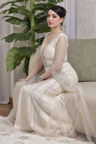 فستان سهره شيفون وتل مرصع ترتر لمعه