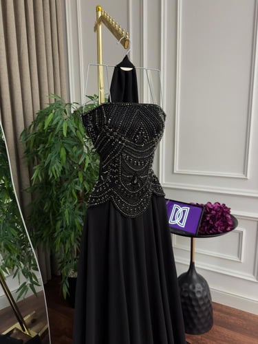 فستان سهره فخم شيفون جورجيت دبل كلوش المزين بالتطر...