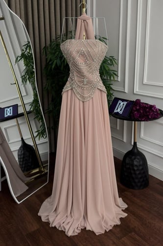 فستان سهره فخم شيفون جورجيت دبل كلوش المزين بالتطر...