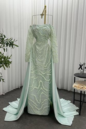 فستان سهره تل مزين بالتطريز ذيل تفته