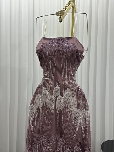 فستان سهره تل مطرز بخرز وترتر ذيل شيفون جورجيت