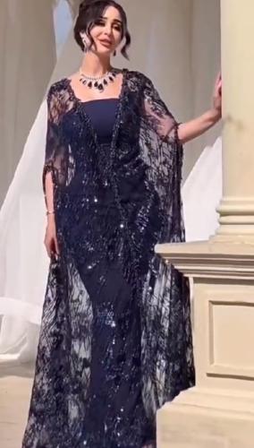 فستان تل مطرز خرز بطانه لكرا كريب استرتش