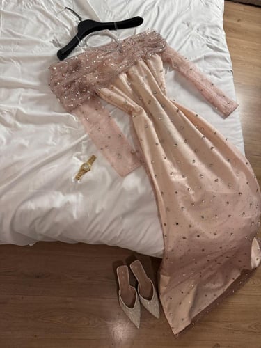 فستان سهره تفته لمعه تل مزين بالتطريز فصوص وكرستال...