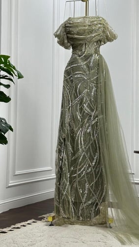 فستان سهره فخم الخامه تل كوري مطرز بخرز