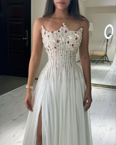 فستان سهره شيفون جورجيت دبل كلوش المزين بالتطريز ا...