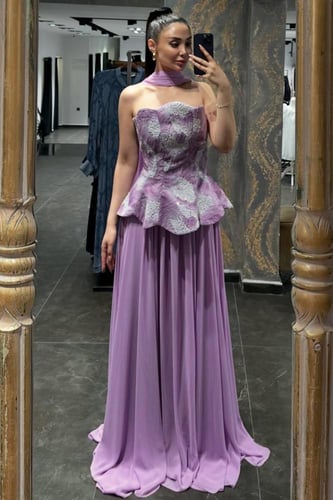 فستان سهره تور فرنسي مزين بالتطريز مع شيفون جورجيت