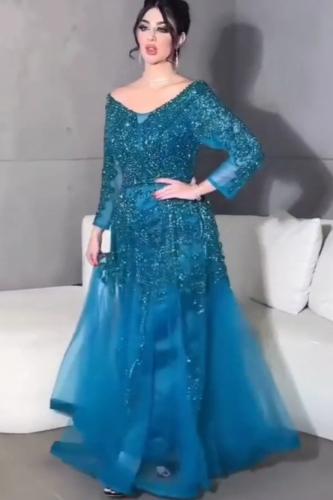 فستان سهره تل المزين بالتطريز كمبيوتر وفصوص بطانه...