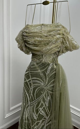 فستان سهره فخم الخامه تل كوري مطرز بخرز