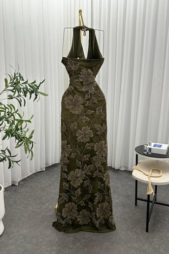 فستان سهره فخم دانتيل مورد المزين بالتطريز