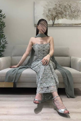 فستان سهره المزين بالتطريز خرز ولول بطانه تفته شال...