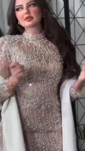 فستان سهره تل المزين بالتطريز كاملا شال ساده