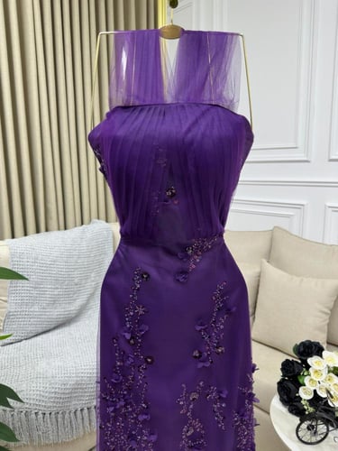 فستان سهره تل مزين بالتطريز وتل تيواني مبطن تفته س...