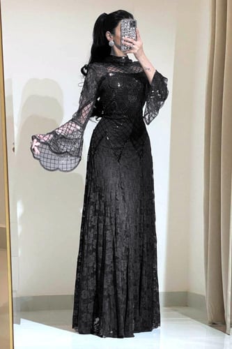 فستان سهره اسود دانتيل وشيفون المزين بالتطريز
