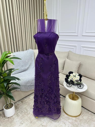 فستان سهره تل مزين بالتطريز وتل تيواني مبطن تفته س...