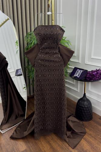 فستان سهره تل المزين بالتطريز خرز ذيل تفته