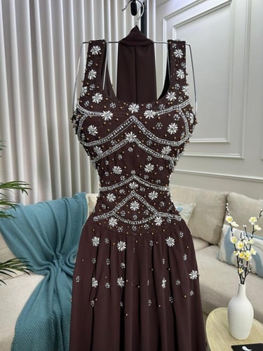 فستان سهره شيفون جورجيت المزين بالتطريز اليدوي الف...