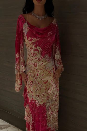 فستان سهره مشجر حرير المزين بالتطريز