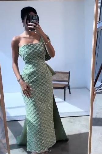 Evening dress Mikado decorated with sequins in the shape of squares