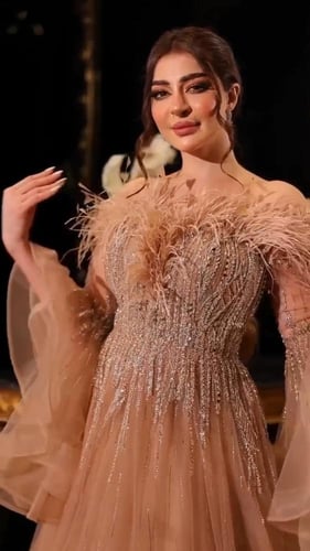 فستان سهره المزين بالتطريز والريش