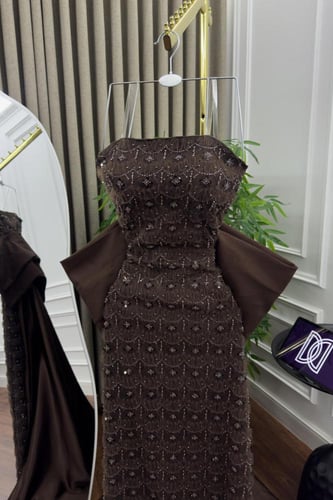 فستان سهره تل المزين بالتطريز خرز ذيل تفته