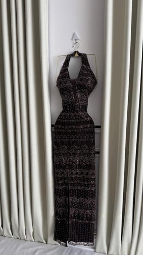 فستان سهره تل المزين بالتطريز خرز شال شيفون جورجيت