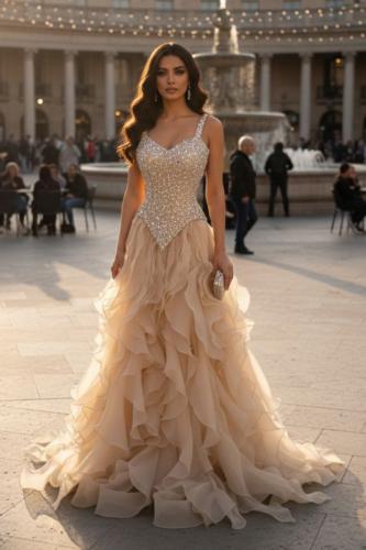 فستان سهره كلفه خرز المزين بطبقات الاورجنزا بشكل ا...