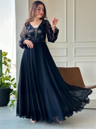 فستان شيفون جورجيت مبطن جيبون صدريه تطريز كمبيوتر...