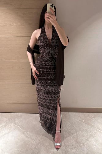 فستان سهره تل المزين بالتطريز خرز شال شيفون جورجيت