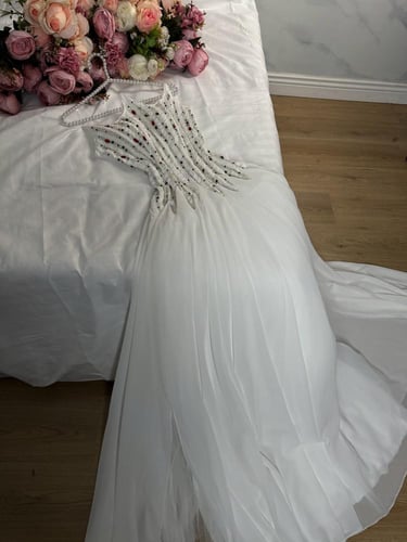 فستان سهره شيفون جورجيت دبل كلوش المزين بالتطريز ا...