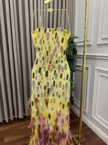 فستان سهره المزين بالتطريز بشكل كثيف والمزين بالري...