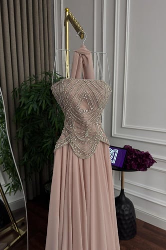 فستان سهره فخم شيفون جورجيت دبل كلوش المزين بالتطر...