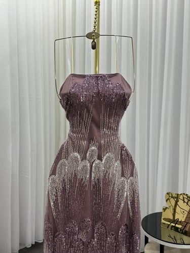 فستان سهره تل مطرز بخرز وترتر ذيل شيفون جورجيت