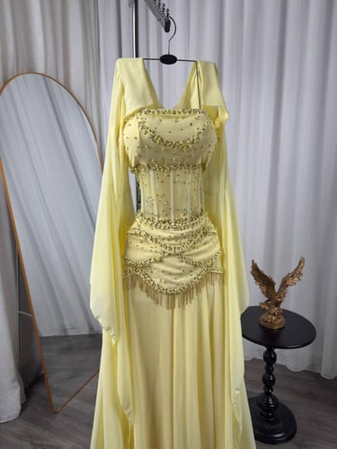 فستان سهره شيفون جورجيت كورسيه المزين بالتطريز الي...