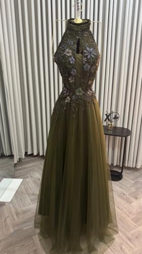 فستان سهره تل المزين بالتطريز كمبيوتر مزين بالفصوص