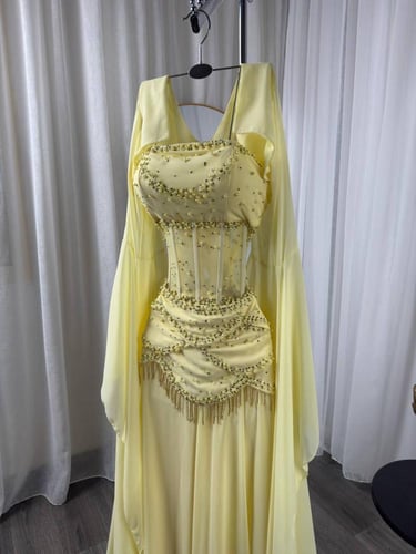 فستان سهره شيفون جورجيت كورسيه المزين بالتطريز الي...